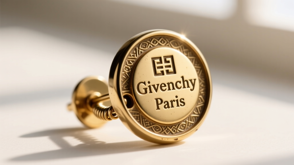 Macro shot of a vintage Givenchy clip-on earring back showing the distinct Givenchy Paris copyright hallmark stamped in brass