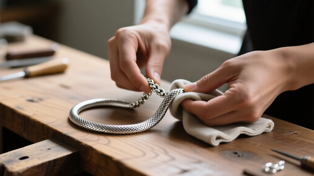 Hands gently massaging a kink out of a sterling silver snake chain using a soft microfiber cloth on a wooden jeweler workbench