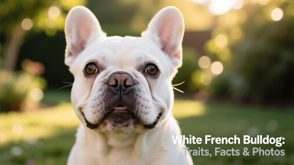 Close-up portrait of a white French Bulldog with bright, alert eyes and a relaxed, joyful expression