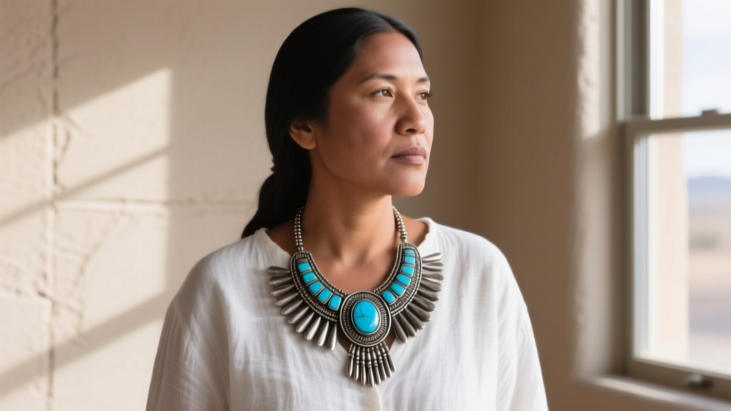 Woman wearing a Zuni squash blossom necklace over a white linen shirt, highlighting the bright blue turquoise and oxidized silver.