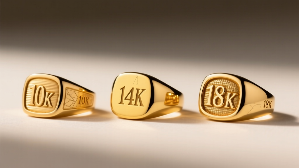 Side-by-side macro of mens signet rings in 10k, 14k, and 18k gold, revealing subtle color shifts and minor surface scratch marks.
