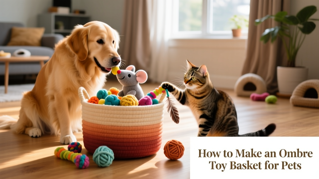 Finished ombre basket sitting beside a happy dog and cat, filled with colorful pet toys