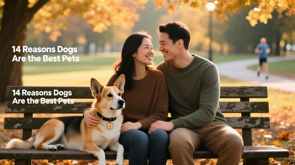 A relaxed couple sitting side-by-side on a park bench, each with a hand resting on their calm, seated dog