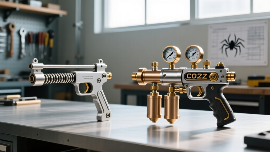 A side-by-side comparison of a basic spring-loaded web shooter and a complex pneumatic CO2 powered custom spider gadget on a workbench