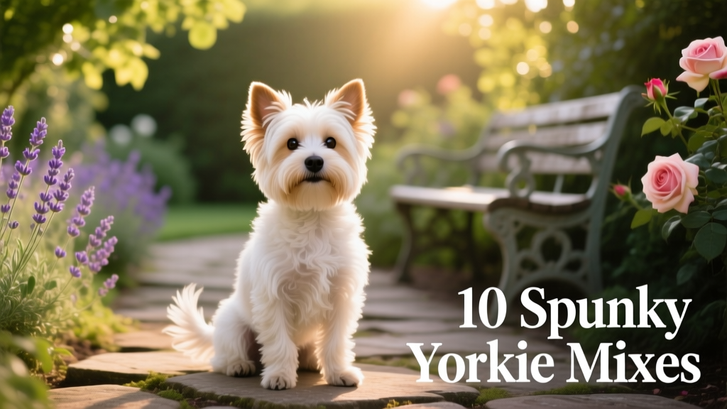 Borkie, Bichon Yorki mix sitting in front of garden