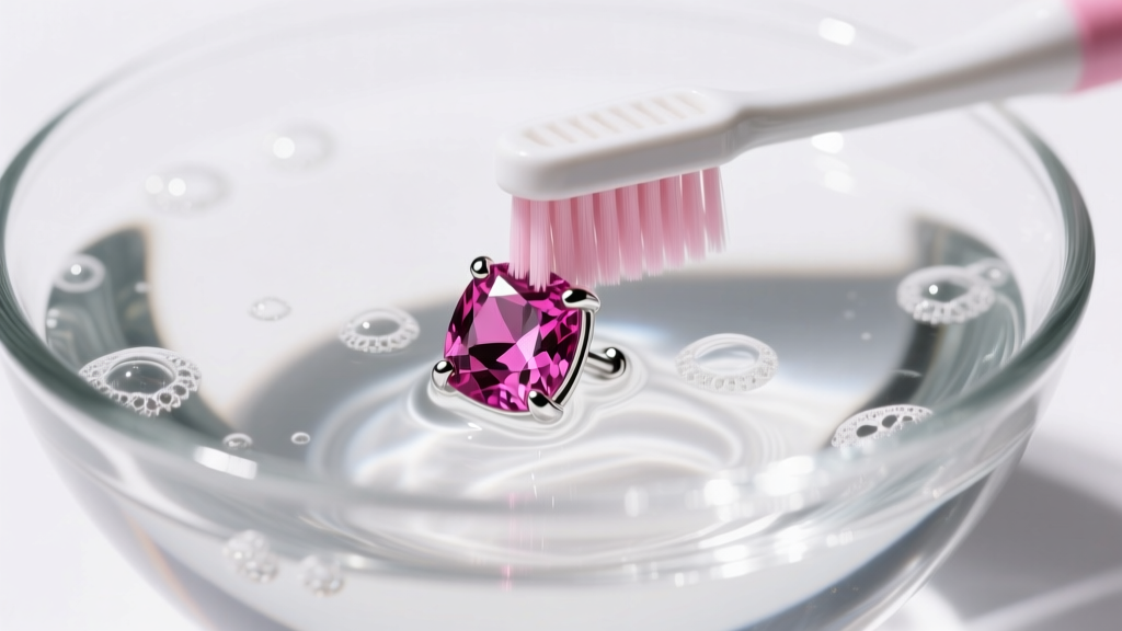 Soft-bristled toothbrush gently cleaning a pink tourmaline stud earring in a glass bowl of lukewarm soapy water, bright lighting.
