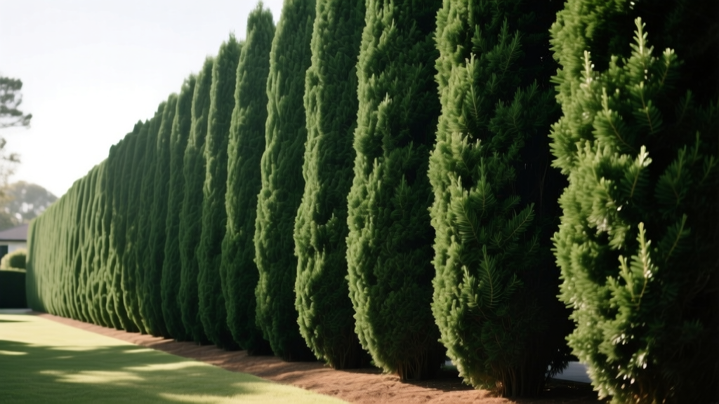 Dense row of mature Green Giant Arborvitae trees forming a tall, continuous evergreen privacy screen along a property line