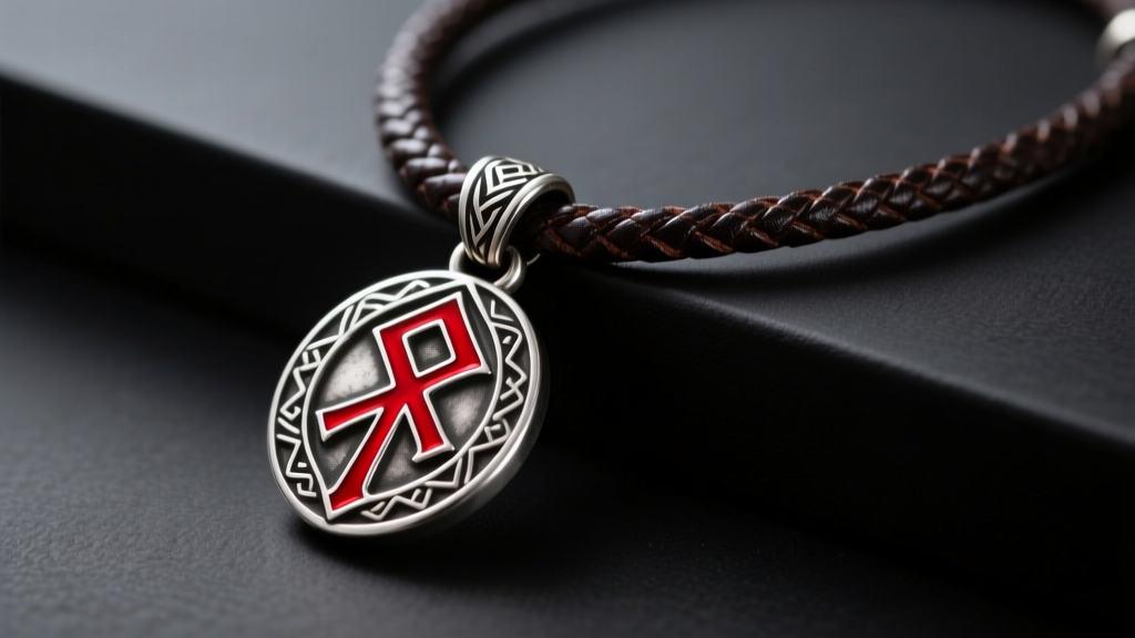 Handcrafted OSRS binding necklace replica with oxidized sterling silver pendant and crimson enamel runes on a dark leather cord