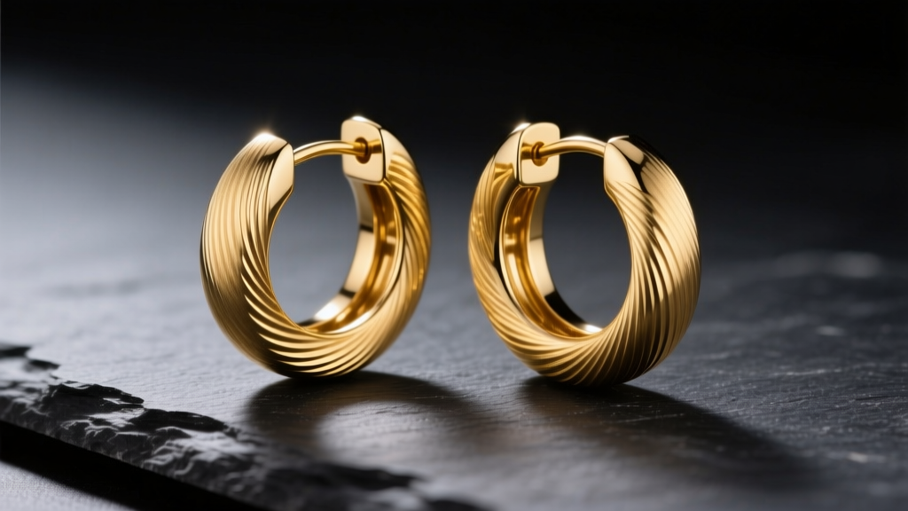 Macro shot of 18k yellow gold Italian hoop earrings with brushed finish on dark slate under soft studio lighting.