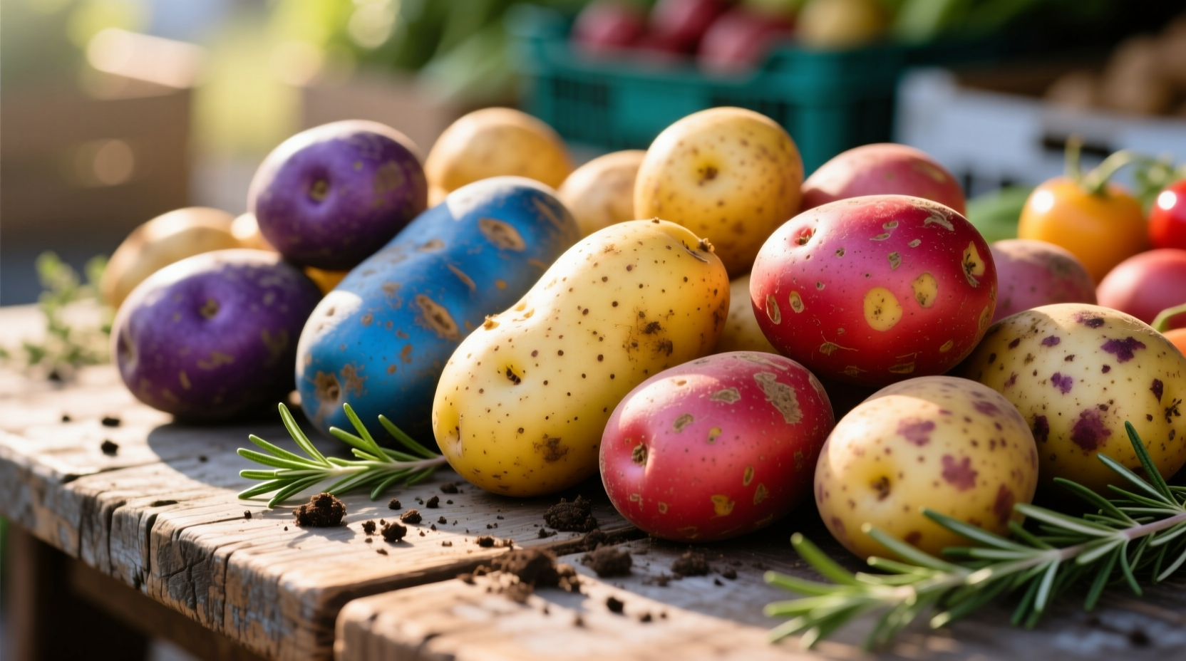 Colorful potato varieties on wooden table