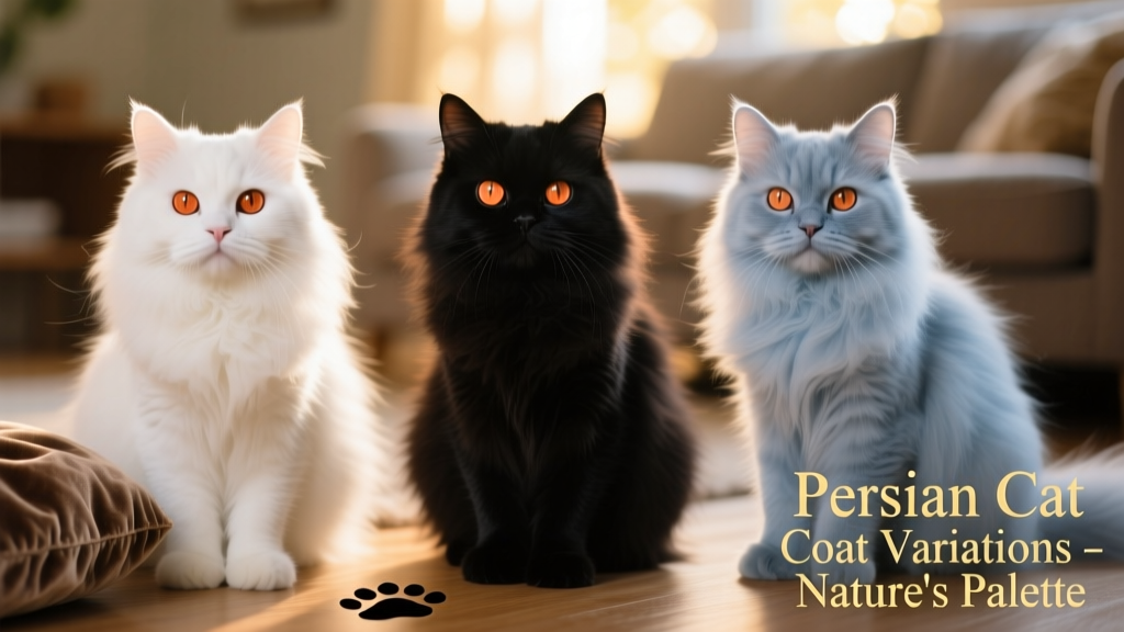 Close-up of three Persian cats: one white with copper eyes, one black with intense copper eyes, and one blue with pale, powdery fur