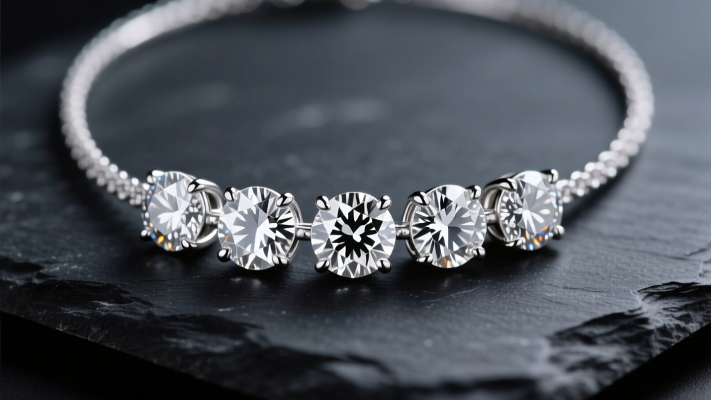 Macro shot of a platinum 5 diamond necklace on dark slate showing five matched round brilliant stones in prong settings