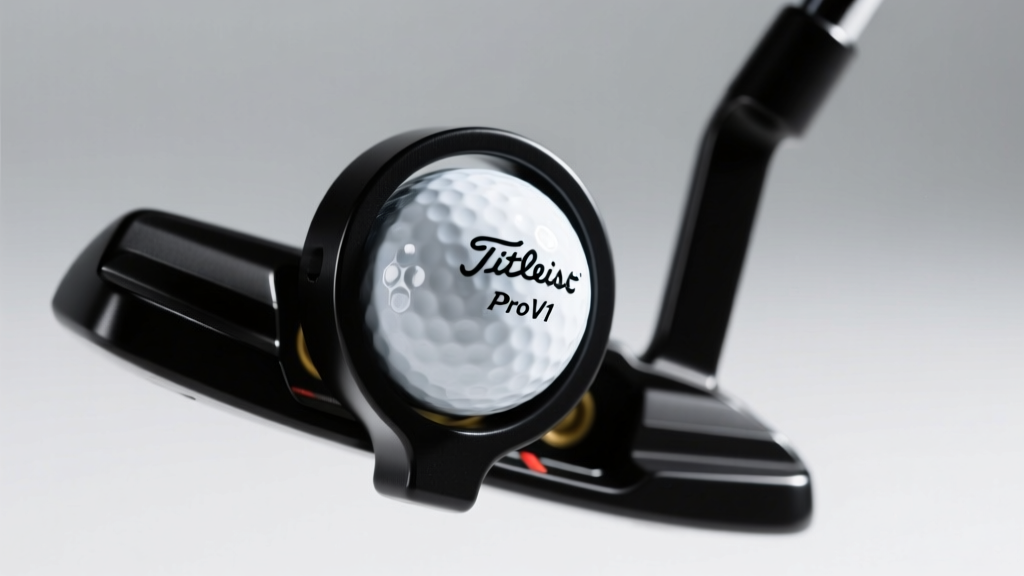 Close-up of a black magnetic golf ball retriever attached to the grip of a putter picking up a white Titleist Pro V1