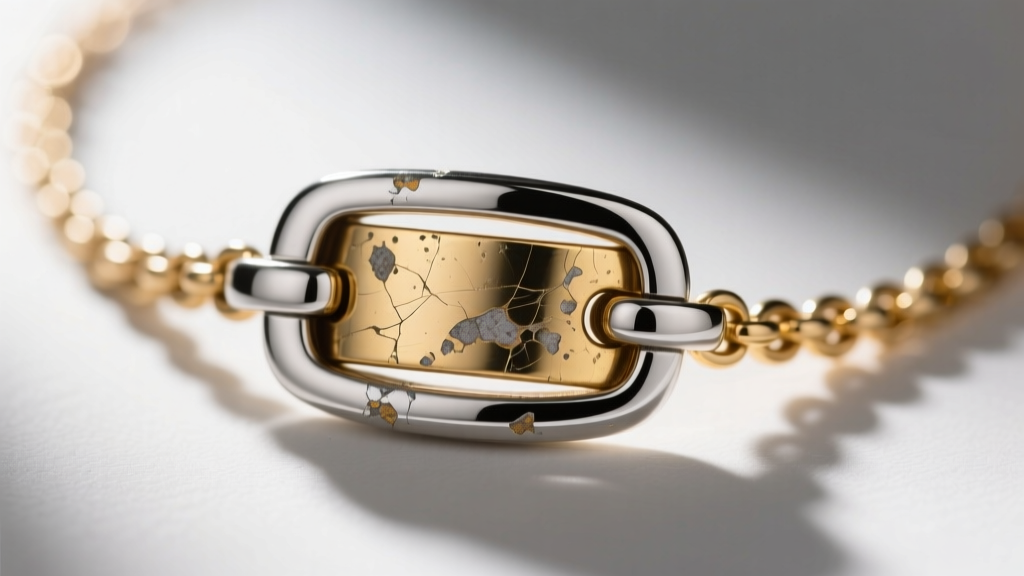 Macro shot showing microscopic wear on a rhodium-plated clasp of a protected necklace, revealing the brass base metal underneath.