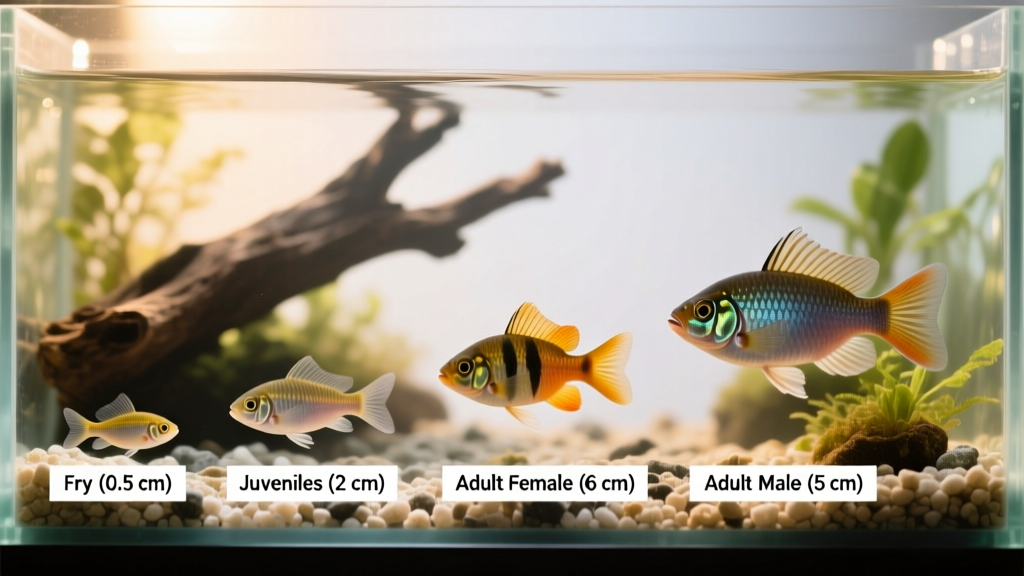 Side-by-side comparison showing molly fry, juveniles, and adult males and females