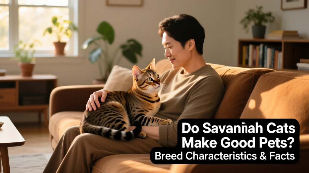A relaxed adult Savannah cat curled beside its owner on a cozy sofa, both looking content and connected