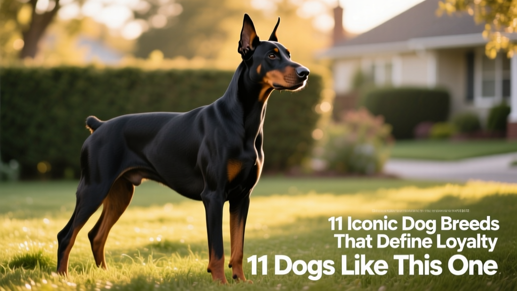 A well-groomed Doberman Pinscher standing alertly on grass, showcasing its muscular build and confident posture