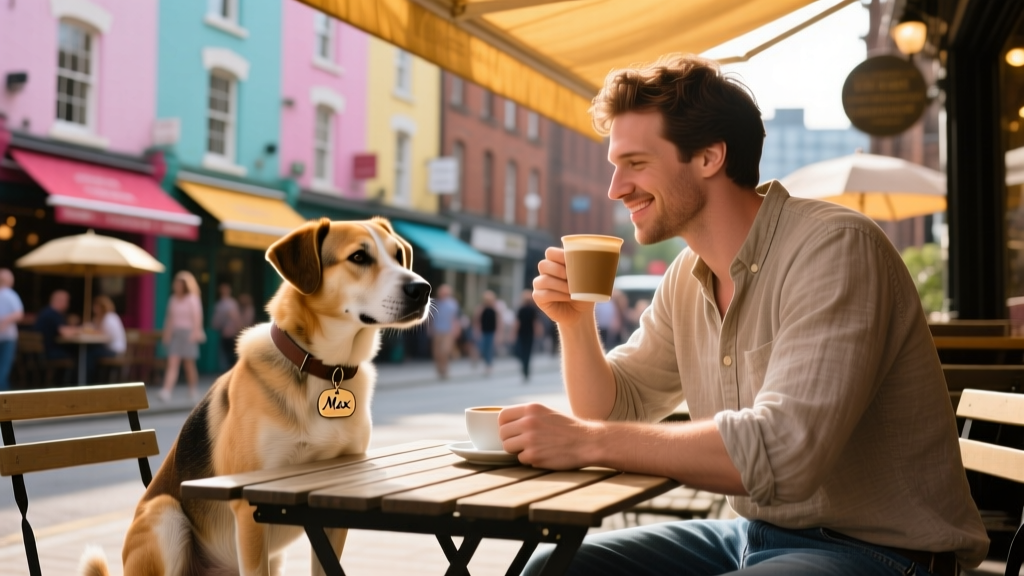 A relaxed dog sitting beside their owner at an outdoor table in a bustling Manchester street with colourful buildings and café awnings
