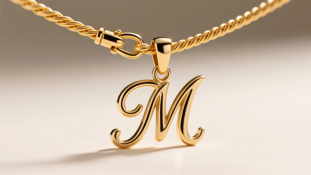 Macro shot of a 1.2mm gold cable chain connecting to a script letter M pendant, highlighting the lobster clasp and jump ring.