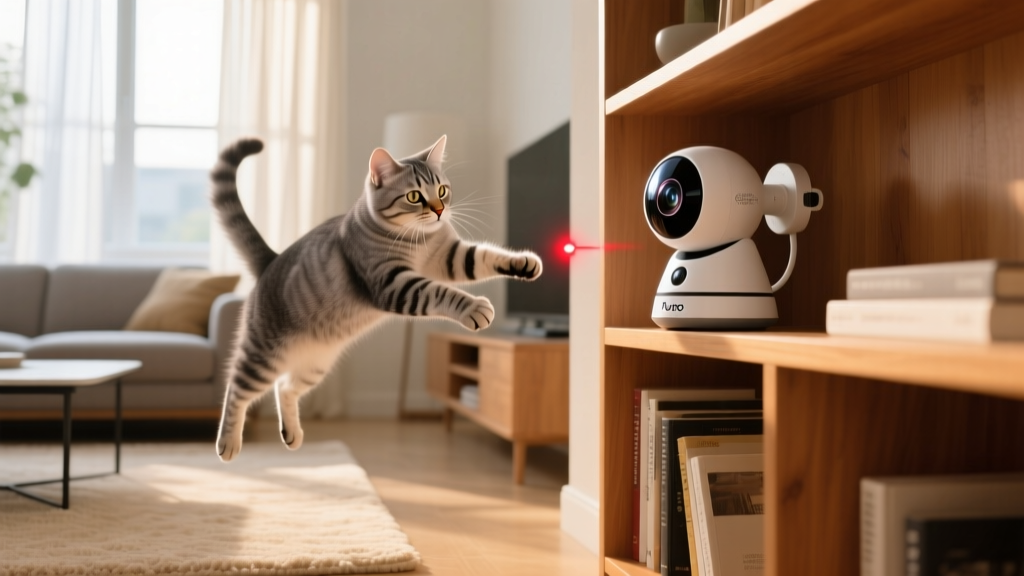Furbo 360-degree pet camera mounted on a wooden bookshelf capturing a wide-angle view of a cat playing with a laser pointer on the living room rug