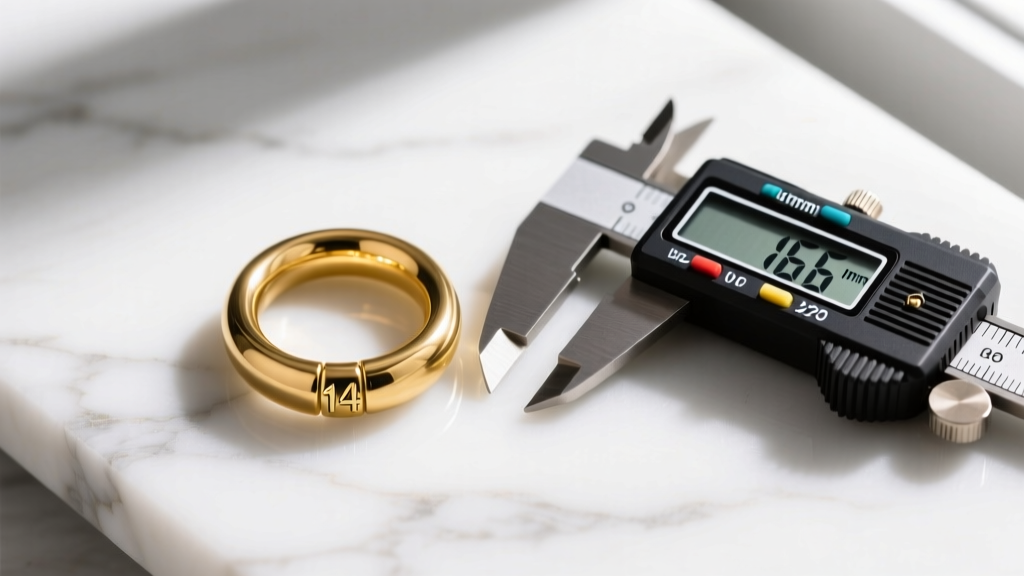 Macro shot of 14-gauge gold clicker hoop next to a digital caliper measuring 1.6mm thickness on white marble surface
