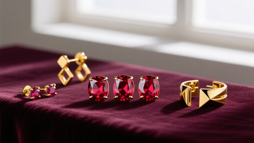 Flat lay of gold earrings ruby studs and ear cuffs on velvet, showing pigeon blood red gems contrasting with polished yellow gold