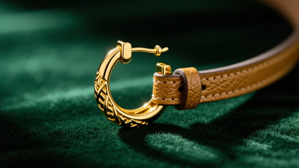 Macro shot of 18k yellow gold stirrup earring with textured leather strap on dark green velvet under soft studio lighting.