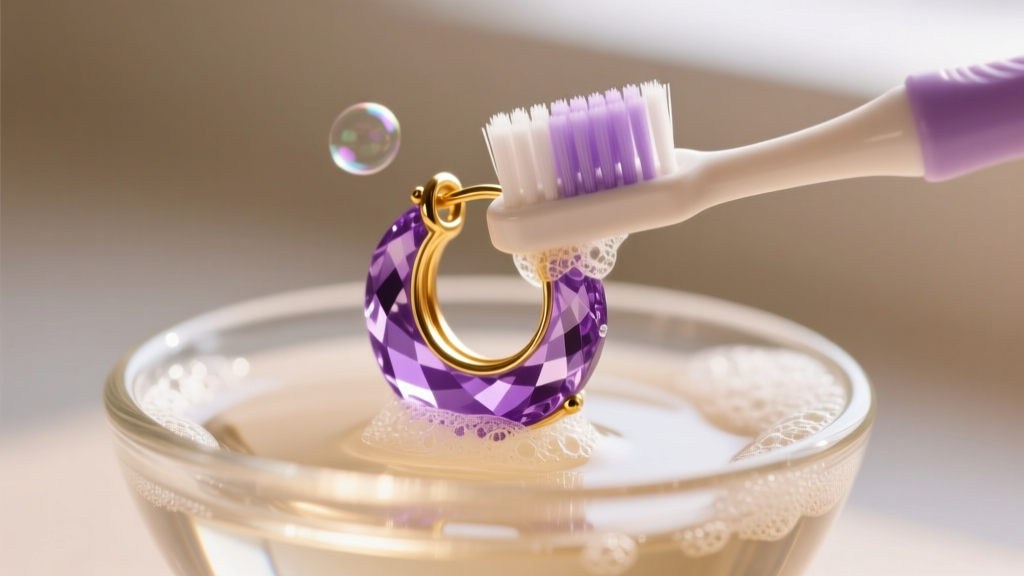 A soft-bristled baby toothbrush gently scrubbing a purple amethyst gold hoop earring in a small glass bowl of warm soapy water.