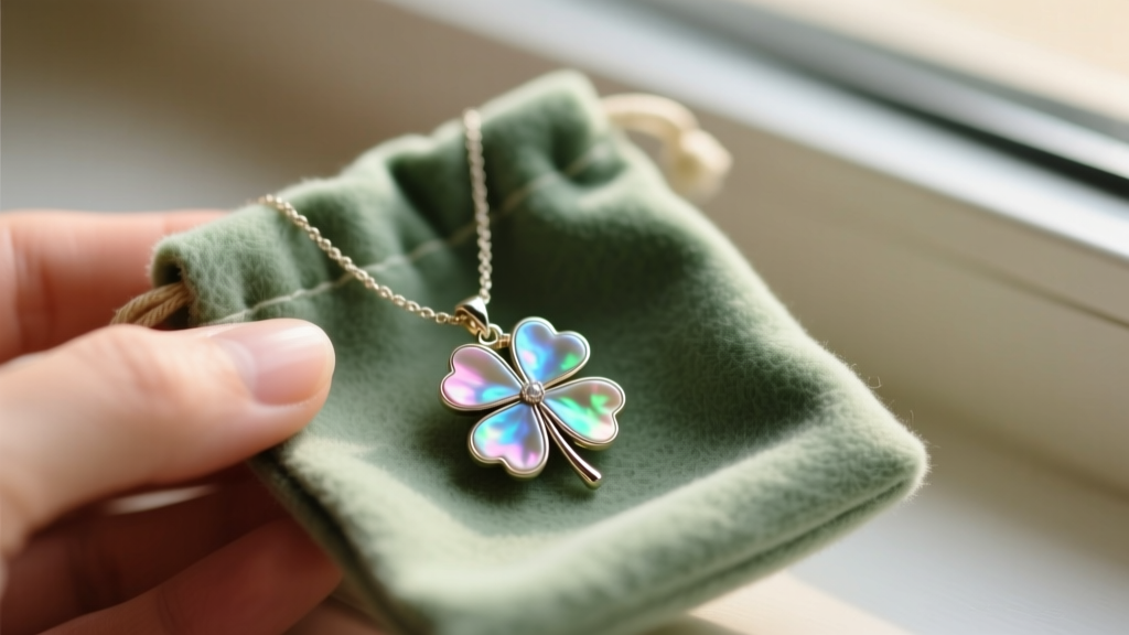 Close-up of a mother-of-pearl clover necklace pendant being placed into a soft, anti-tarnish flannel jewelry storage pouch.