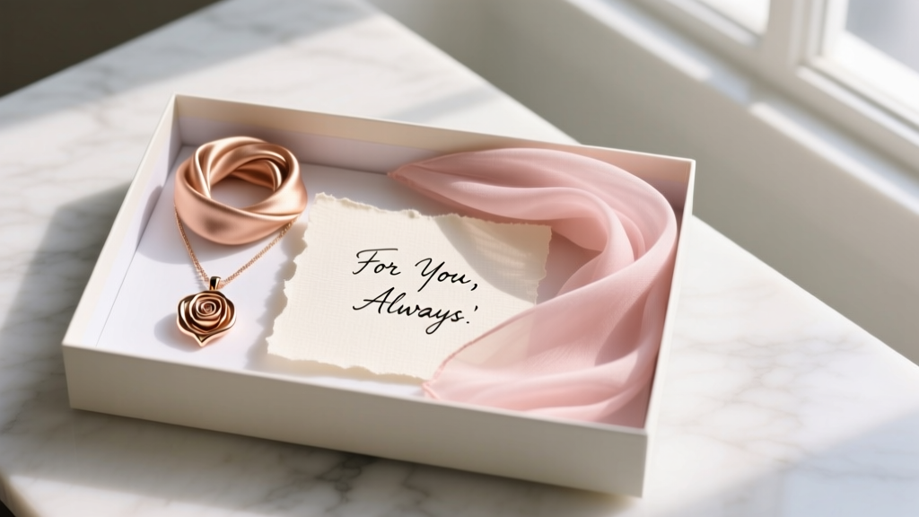 Luxury gift box containing a rose gold scarf pendant, a folded chiffon scarf, and a handwritten note on textured cotton paper.