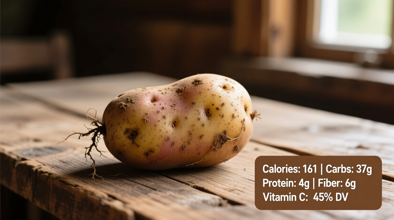 Russet potatoes on wooden table for nutrition reference