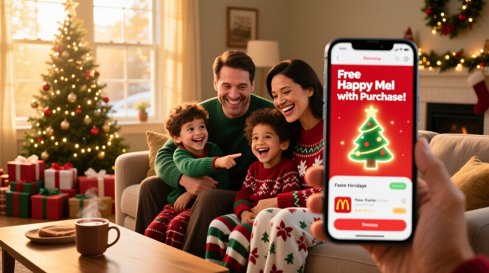 Family checking fast food app on Christmas morning
