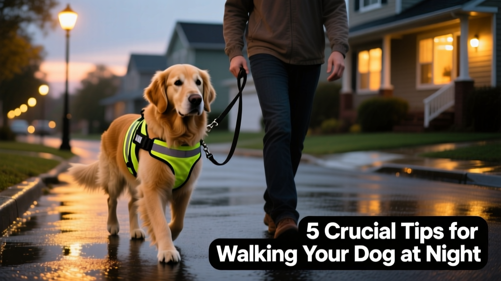 Close-up of a dog wearing a reflective harness and leash, walking beside a person on a softly lit residential street