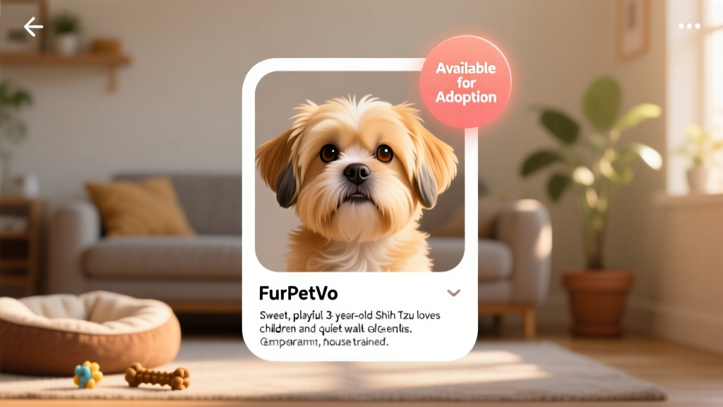 Screenshot-style illustration showing a clean, user-friendly FurPetVo profile page with photo, bio, and 'Available for Adoption' badge