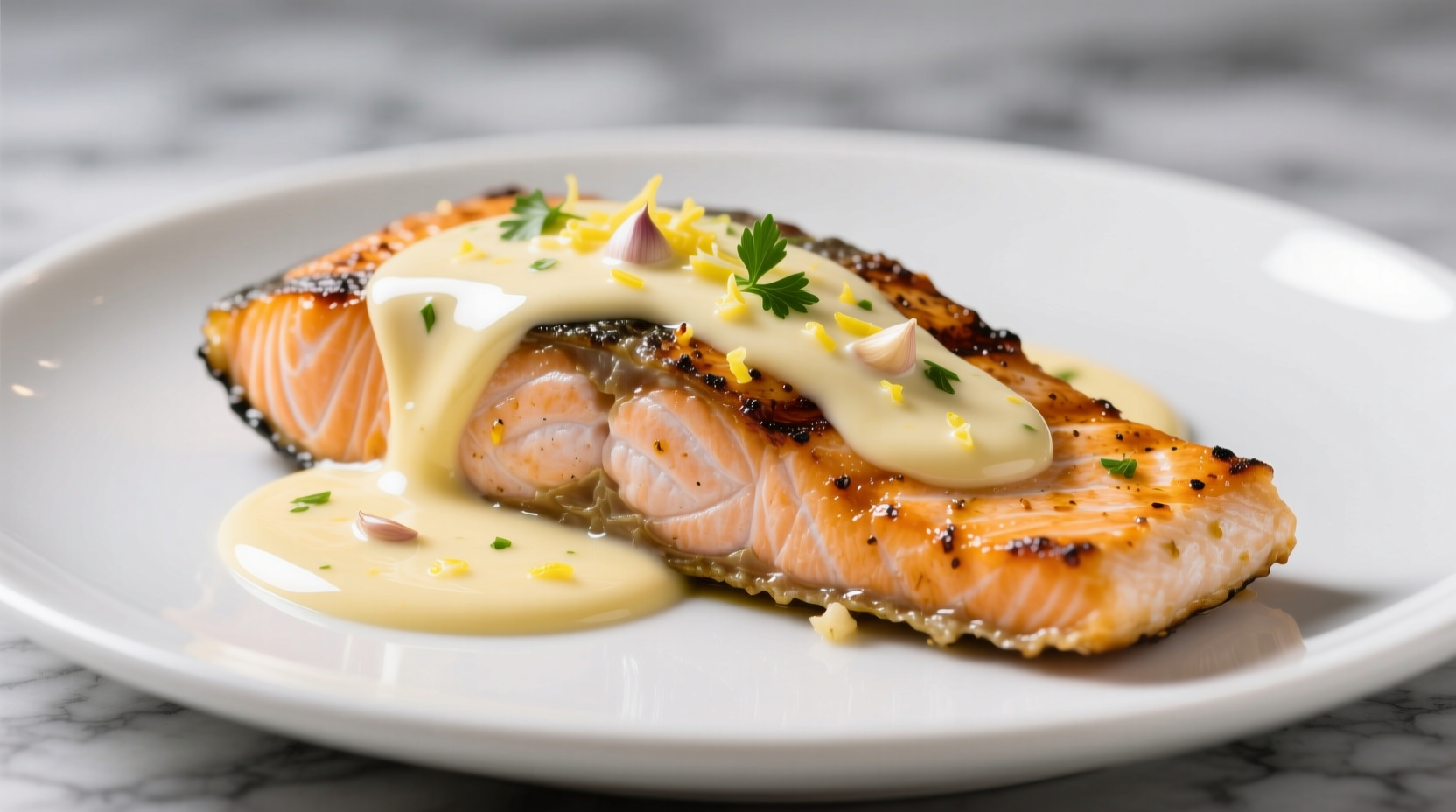 Creamy lemon garlic sauce drizzled over grilled salmon