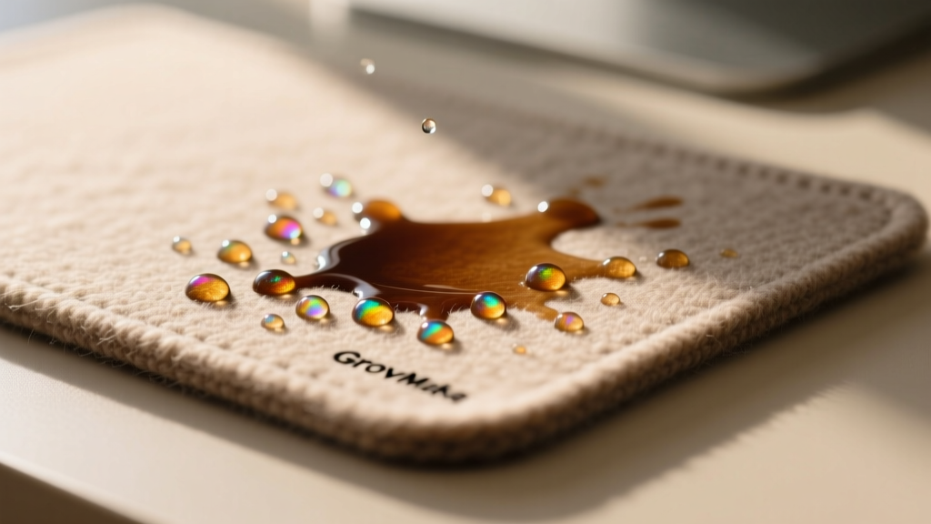 Close-up of the Grovemade Merino Wool desk pad showing a simulated coffee spill test with water beading on the lanolin coating