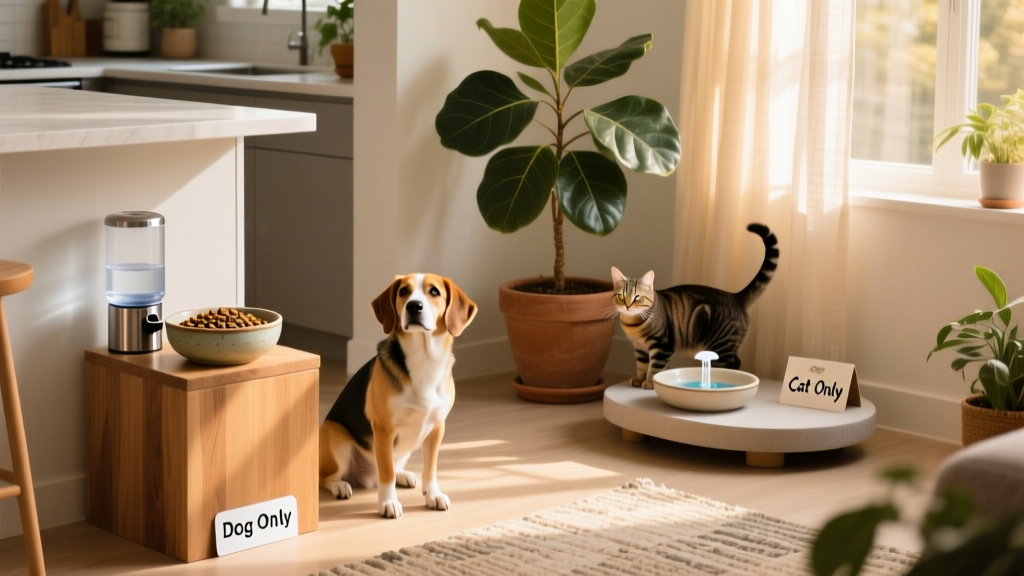 Two separate feeding stations: one elevated for the dog, one tucked away in a quiet corner for the cat