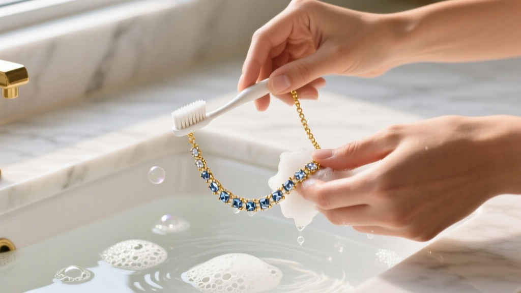 Hands gently scrubbing a white gold sparkle chain necklace with a soft toothbrush in warm soapy water under bright light.