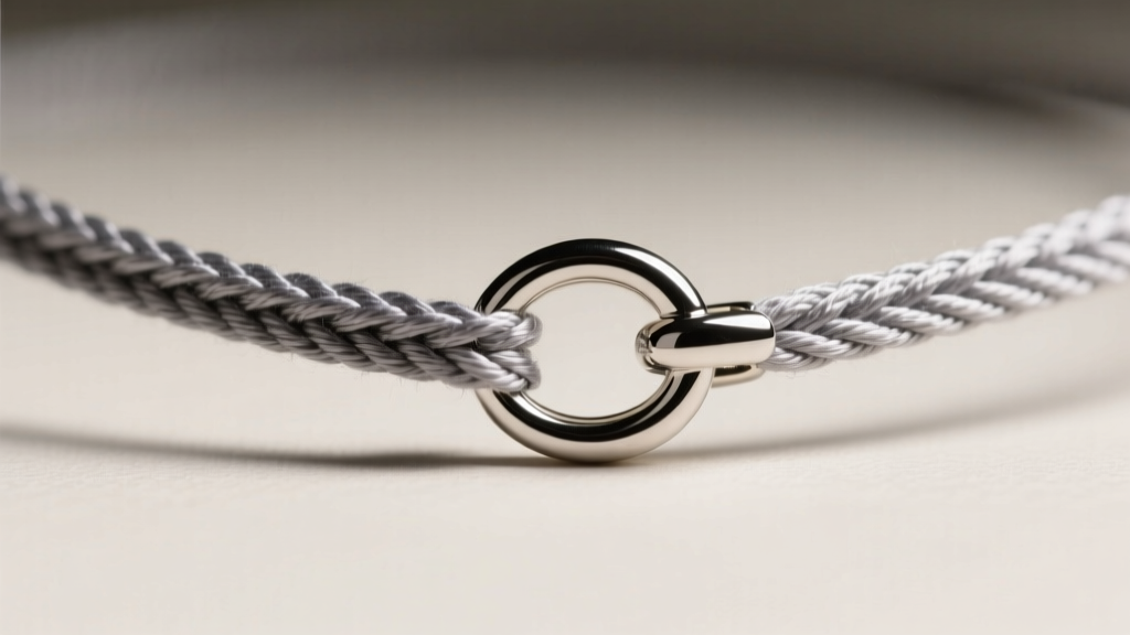 Macro view of silver French wire gimp protecting a gray silk string necklace loop before attaching a silver lobster clasp