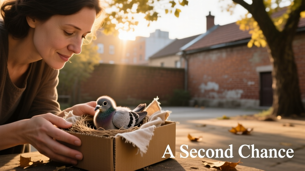 Woman placing baby pigeon into a cozy cardboard box nest