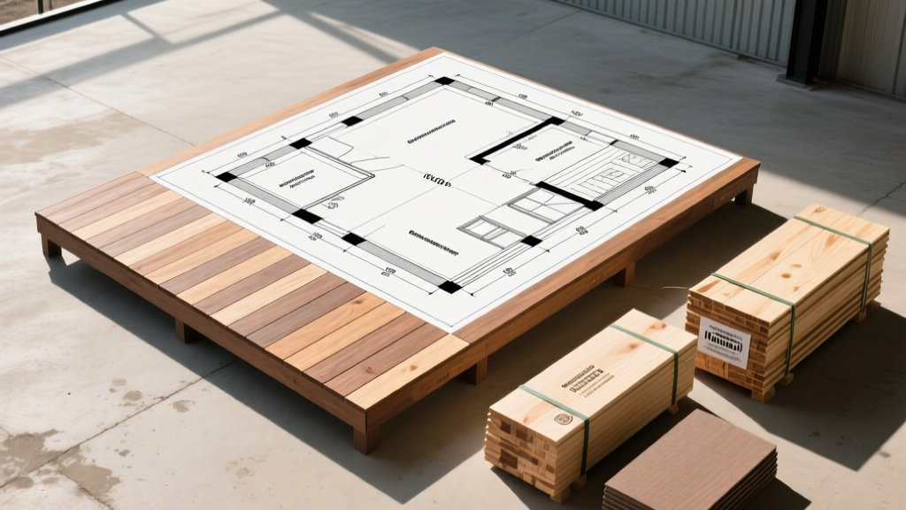 Top-down architectural blueprint of an 8x10 wooden deck layout with material stacks of pressure-treated lumber and composite boards nearby
