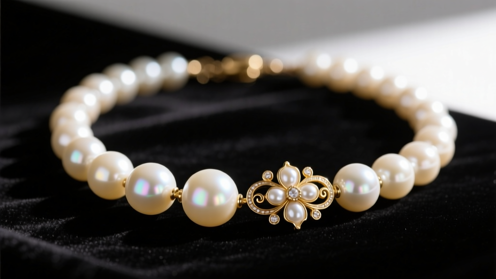 Close-up of a vintage Erwin Pearl necklace featuring large cream glass pearls and gold-tone floral enamel clasps on dark velvet