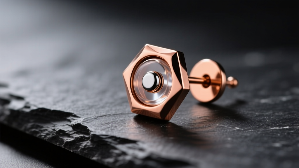 Copper magnetic stud earrings on dark slate, showing metallic texture and embedded neodymium magnet under soft studio lighting.