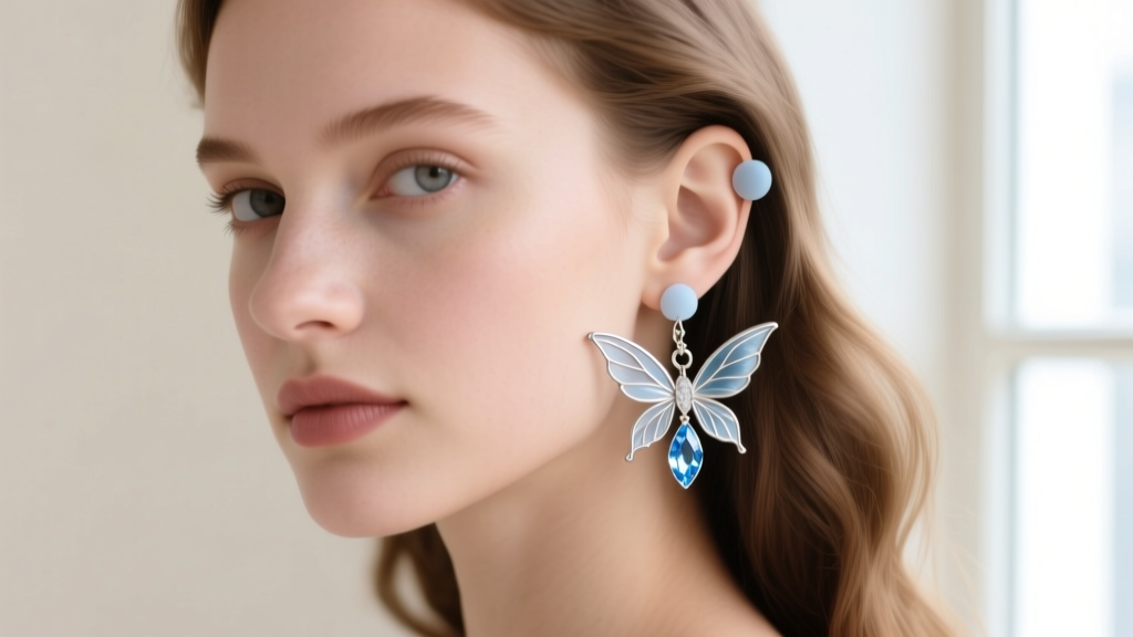 Profile of a woman wearing hypoallergenic Tinker Bell dangle earrings with silicone backs, showing a comfortable fit on sensitive ears.