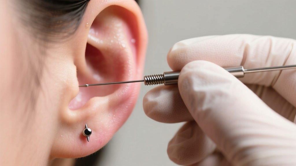 Closeup of piercer in sterile gloves inserting a threaded earring starter into a fresh earlobe piercing under warm studio light