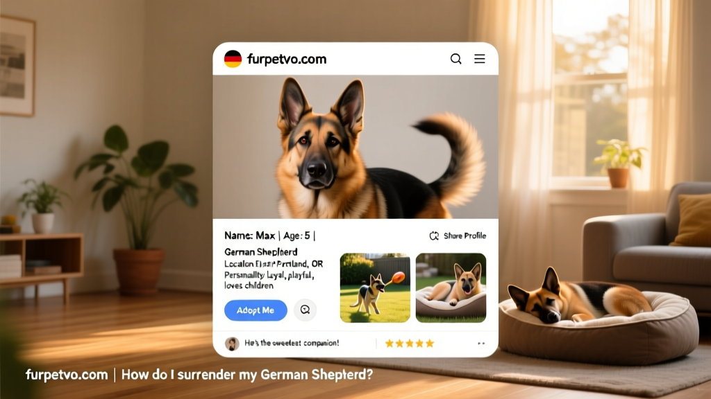 Screenshot-style mockup showing a friendly German Shepherd profile page on furpetvo.com with photos and bio details