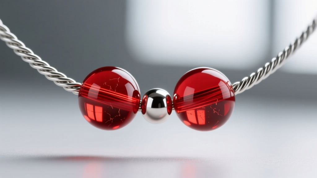 Close-up of 20mm red glass beads strung on 49-strand micro-braided stainless steel jewelry wire secured with a silver crimp bead.
