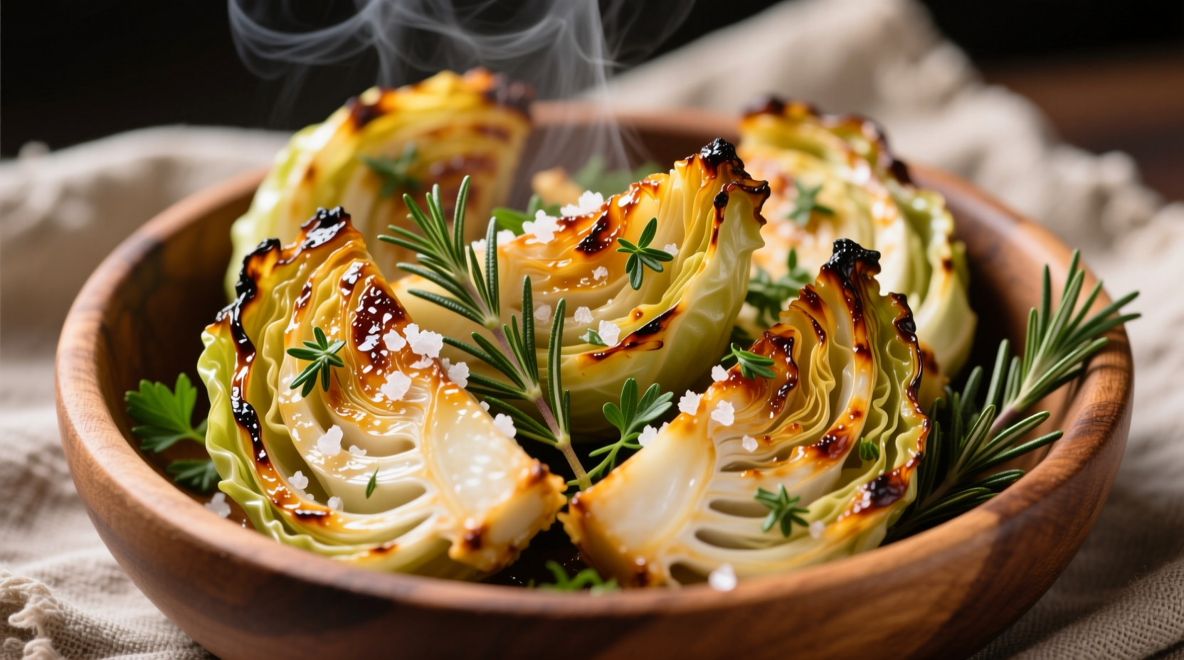 Freshly cooked roasted cabbage wedges with herbs