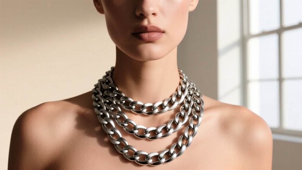A high-fashion editorial close-up of a model wearing layered 316L stainless steel Cuban link chains with a matte brushed finish