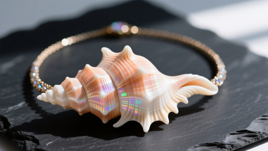 Macro photography of a carved Queen Conch shell necklace showing a peach and white gradient, displayed on a dark slate background